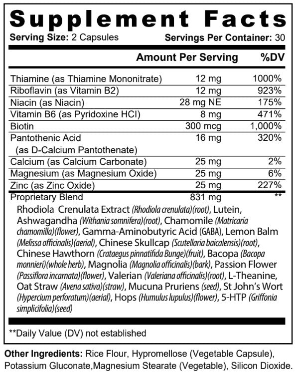 TruNutra Purely Calm ingredient label from On Demand Fulfillment